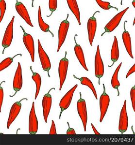 Hand drawn chili peppers on white background.Vector seamless pattern.
