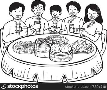 Hand Drawn Chinese family with Chinese food table illustration isolated on background