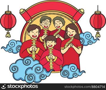 Hand Drawn Chinese New Year and Chinese family illustration isolated on background
