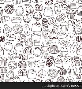 Hand drawn chocolate candy. Vector seamless pattern.. Hand drawn candy. Handmade chocolates.