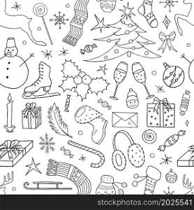 Hand drawn christmas and new year elements collection seamless pattern. Vector illustration.