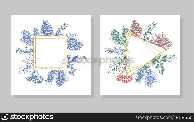 Hand drawn Christmas and New Year invitation card. Hand drawn vector illustration of retro wreath on light background. Winter holiday. Hand drawn Christmas and New Year invitation card. Hand drawn vector illustration of retro wreath on light background. Winter holiday collection
