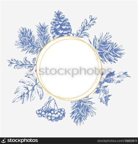 Hand drawn Christmas and New Year invitation card. Hand drawn vector illustration of retro wreath on light background. Winter holiday. Hand drawn Christmas and New Year invitation card. Hand drawn vector illustration of retro wreath on light background. Winter holiday collection