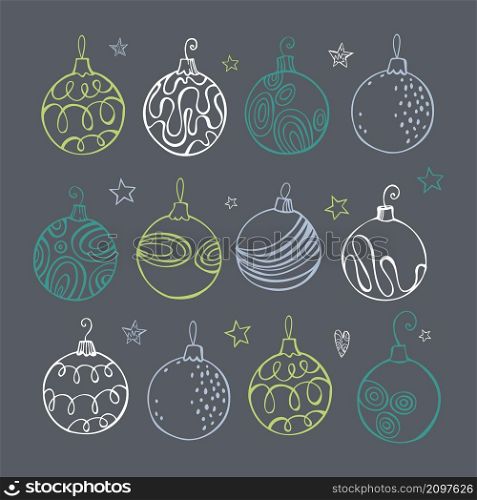 Hand drawn Christmas balls. Vector sketch illustration.. Christmas balls. Vector illustration.