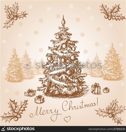 Hand drawn christmas card in vintage stile