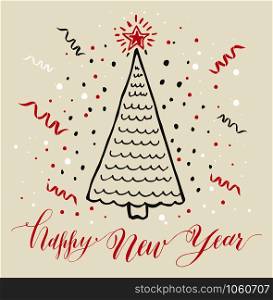 Hand drawn christmas card. New year tree with snow.. Hand drawn christmas card