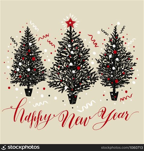 Hand drawn christmas card. New year trees with snow and confetti.Vector illustration.