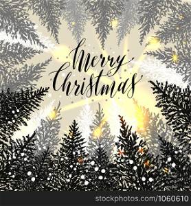 Hand drawn christmas card. New year trees with snow. Vector design illustration. Calligraphic text Merry Christmas on grey background and sun rays.. Hand drawn christmas card. New year trees with snow. Vector design illustration.