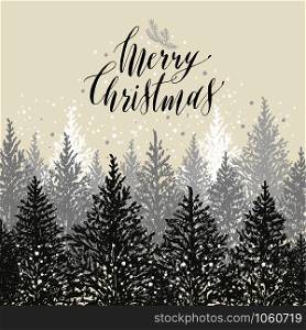 Hand drawn christmas card. New year trees with snow.Vector design illustration. Calligraphic text Merry Christmas on grey background.. Hand drawn christmas card. New year trees with snow.Vector design illustration. Calligraphic text Merry Christmas.