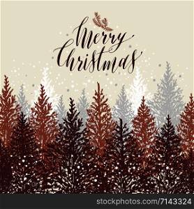 Hand drawn christmas card. New year trees with snow.Vector design illustration.. Hand drawn christmas card. New year trees with snow.Vector design illustration. Calligraphic text Merry Christmas on grey background