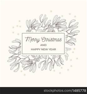 Hand-drawn Christmas card with frame. Winter holiday print illustration in sketch. Xmas, new year vector background.