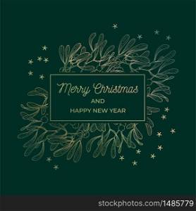 Hand-drawn Christmas card with gold frame. Winter holiday print illustration. Xmas, new year vector background.