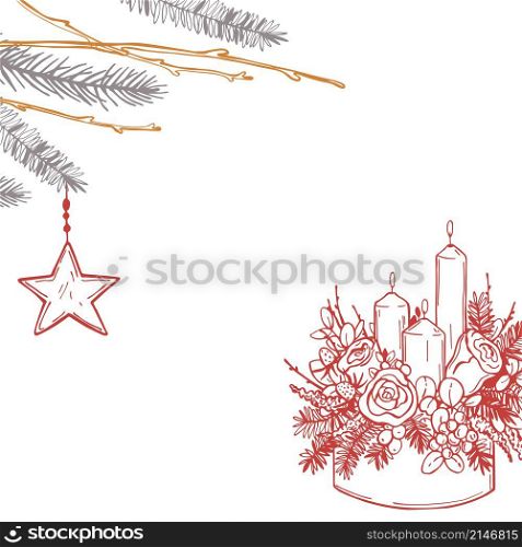 Hand drawn Christmas flower arrangement with candles. Vector background.. Vector background with Christmas flower arrangement