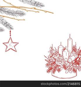 Hand drawn Christmas flower arrangement with candles. Vector background.. Vector background with Christmas flower arrangement