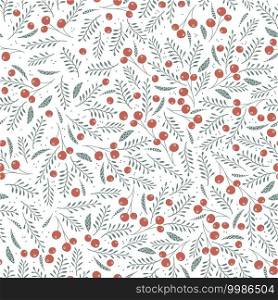 Hand drawn Christmas foliage seamless background. Abstract red berries and leaves on white background vector seamless pattern. Winter Holiday Print Pattern.