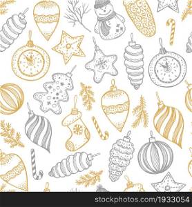 Hand drawn Christmas fur tree with balls, toys and fir-cone, for xmas design.. Hand drawn Christmas seamless pattern. Fur tree with balls, toys and fir-cone, for xmas design in gold and silver. Vector surface design on white background.