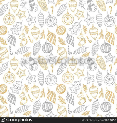 Hand drawn Christmas fur tree with balls, toys and fir-cone, for xmas design.. Hand drawn Christmas seamless pattern. Fur tree with balls, toys and fir-cone, for xmas design in gold and silver. Vector surface design on white background.