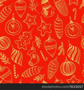 Hand drawn Christmas fur tree with balls, toys and fir-cone, for xmas design.. Christmas and New year seamless pattern on red with balls, toys and fir-cone, for xmas design in gold. Vector surface design on red background.