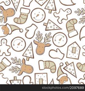 Hand-drawn Christmas ginger cookies. Vector seamless pattern. Vector pattern with ginger cookies.