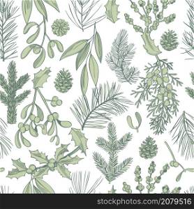 Hand drawn Christmas plants set. Coniferous tree branches. Vector seamless pattern.. Vector seamless pattern with hand drawn Christmas plants