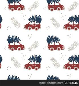 Hand drawn Christmas seamless pattern background with red car and Christmas tree. Baby background for wrapping paper, clothing textiles.. Hand drawn Christmas seamless pattern background with red car and Christmas tree. Baby background for wrapping paper, clothing textiles