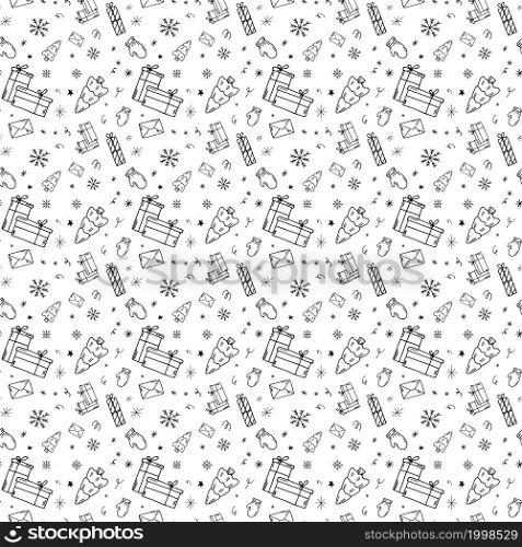 Hand-Drawn Christmas seamless pattern of vector doodles set on white backgroun. Hand-Drawn Christmas seamless pattern of vector doodles set