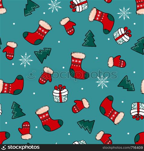 Hand drawn Christmas seamless pattern with Christmas socks, trees and gifts. Cartoon style. Design for textile, packaging or children, baby room interior. Christmas concept. Vector illustration.. Hand drawn Christmas seamless pattern with Christmas socks, trees and gifts.