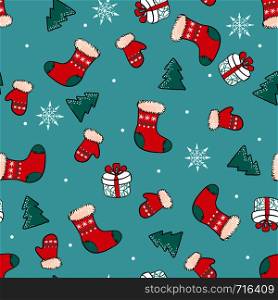 Hand drawn Christmas seamless pattern with Christmas socks, trees and gifts. Cartoon style. Design for textile, packaging or children, baby room interior. Christmas concept. Vector illustration.. Hand drawn Christmas seamless pattern with Christmas socks, trees and gifts.