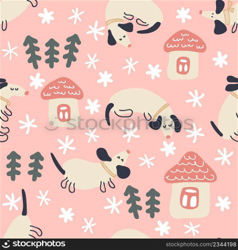 Hand drawn Christmas seamless pattern with dachshunds, houses and trees. Perfect for T-shirt, postcard, textile and print. Doodle vector illustration for decor and design.