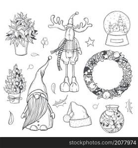 Hand drawn Christmas set.Vector sketch illustration.. Christmas set. Vector illustration.