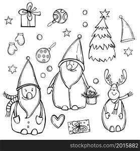 Hand drawn Christmas set with Santa Claus and Christmas tree. Vector sketch illustration.