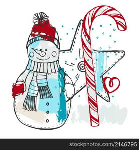 Hand drawn Christmas snowman. Vector sketch illustration.. Christmas snowman. Vector illustration.