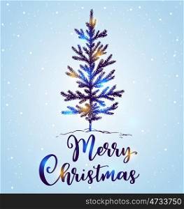 Hand drawn Christmas tree in the snow on a blue background. Merry Christmas lettering. Design for greeting card.