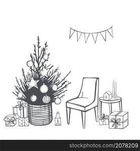 Hand drawn Christmas tree with gifts and armchair. Vector sketch illustration.. Christmas living room. Vector illustration.