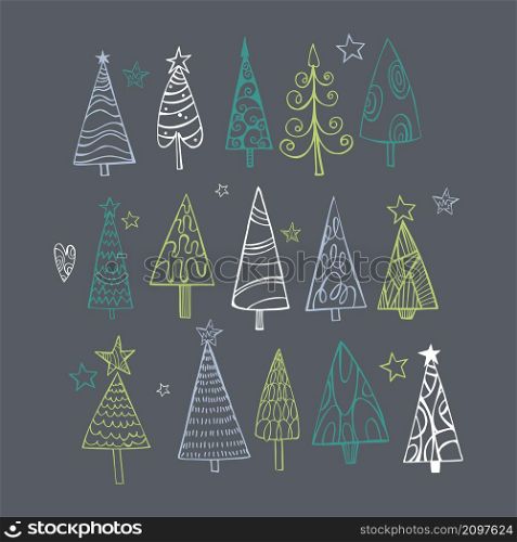 Hand drawn Christmas Trees. Vector sketch illustration. . Vector illustration with Christmas Trees.