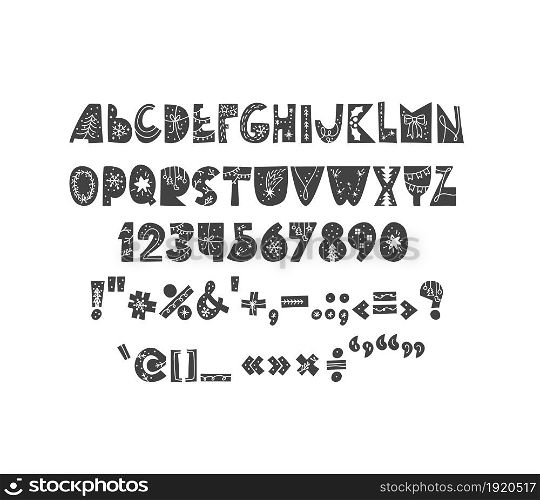 Hand drawn christmas vector bold abc alphabet scandinavian font of cute letters and nordic numbers isolated on white background.. Hand drawn christmas vector bold abc alphabet scandinavian font of cute letters and nordic numbers isolated on white background