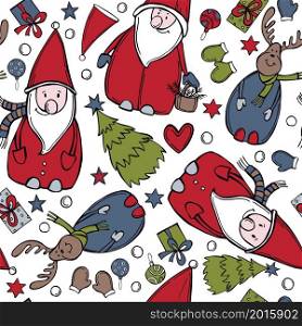 Hand-drawn Christmas vector seamless pattern with Santa Claus and Christmas tree. Sketch illustration.