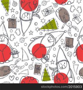 Hand-drawn Christmas vector seamless pattern with Santa Claus and Christmas tree. Sketch illustration.