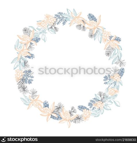 Hand-drawn Christmas wreath. Vector sketch illustration.. Christmas floral wreath.