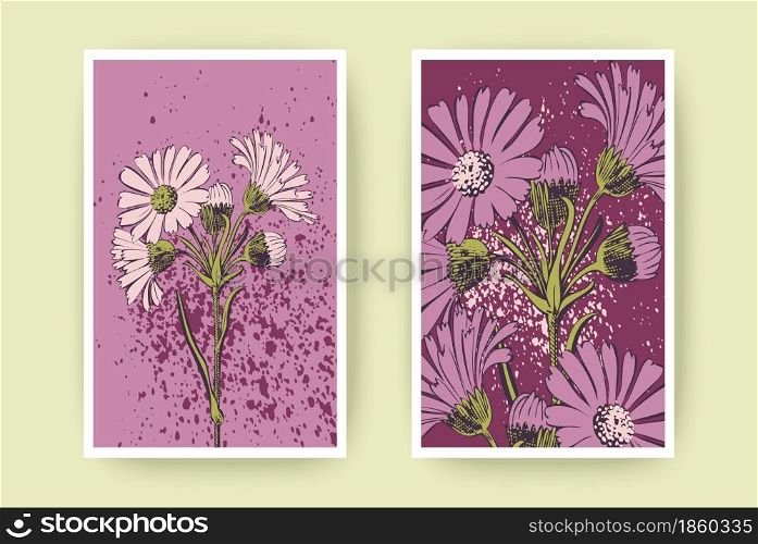 Hand drawn Chrysanthemum flowers greeting card, artistic vector illustration. Botanical wedding ornament. Petals painted in pastel pink colors. Floral trendy pattern background. Design, banner, poster