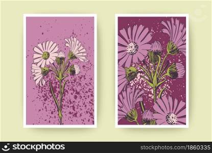 Hand drawn Chrysanthemum flowers greeting card, artistic vector illustration. Botanical wedding ornament. Petals painted in pastel pink colors. Floral trendy pattern background. Design, banner, poster