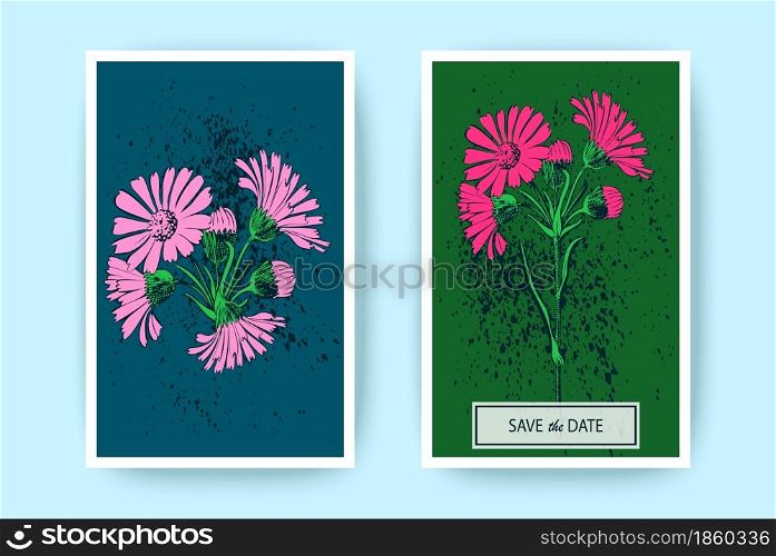 Hand drawn Chrysanthemum flowers greeting card, artistic vector illustration. Botanical wedding ornament. Petals painted in pink. Floral trendy pattern background graphic design. Green, blue colors