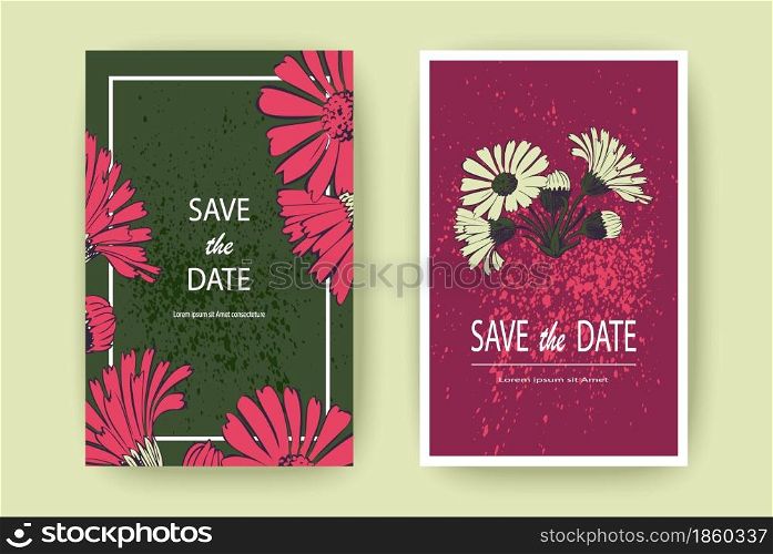 Hand drawn Chrysanthemum flowers greeting card, artistic vector illustration. Botanical wedding ornament. Petals painted in pink. Floral trendy pattern background design party. Green, magenta colors