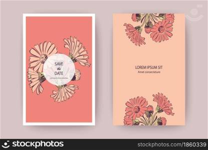 Hand drawn Chrysanthemum flowers greeting card, artistic vector illustration. Botanical wedding ornament. Petals painted in coral pastel color. Floral trendy pattern background. Design, party, poster