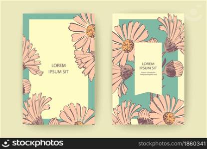 Hand drawn Chrysanthemum flowers greeting card, artistic vector illustration. Botanical wedding ornament. Petals painted in pink. Floral trendy pattern background. Design, poster. Pastel blue, yellow