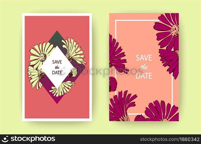 Hand drawn Chrysanthemum flowers greeting card, artistic vector illustration. Botanical wedding ornament. Petals painted in purple. Floral trendy pattern background. Design banner, poster. Coral color