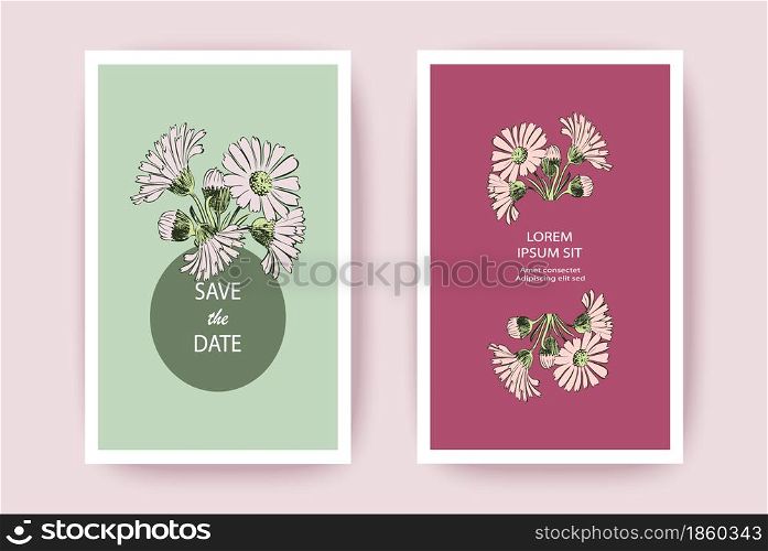 Hand drawn Chrysanthemum flowers greeting card, artistic vector illustration. Botanical wedding ornament. Floral trendy pattern background. Design, invitation, poster. Pastel turquoise, pink colors
