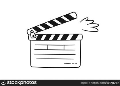 Hand drawn cinema clapper board. Movie clapperboard for film production. Vector illustration isolated in doodle style on white background. Black and while.. Hand drawn cinema clapper board. Movie clapperboard for film production. Vector illustration isolated in doodle style on white background. Black and while