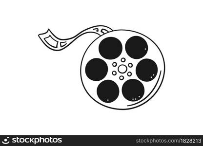 Hand drawn cinema reel and tape. Film reel with stripe in doodle style. Vector illustration isolated on white background. Black and while.. Hand drawn cinema reel and tape. Film reel with stripe in doodle style. Vector illustration isolated on white background. Black and while