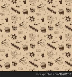 Hand drawn cinema seamless pattern with movie camera, clapper board, cinema reel and tape, popcorn in striped box, film ticket and 3d glasses. Vector illustration in doodle style on sepia background.. Hand drawn cinema seamless pattern with movie camera, clapper board, cinema reel and tape, popcorn in striped box, film ticket and 3d glasses. Vector illustration in doodle style on sepia background